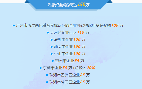 邦企信息分享廣東省部分市區兩化融合貫標補貼詳情